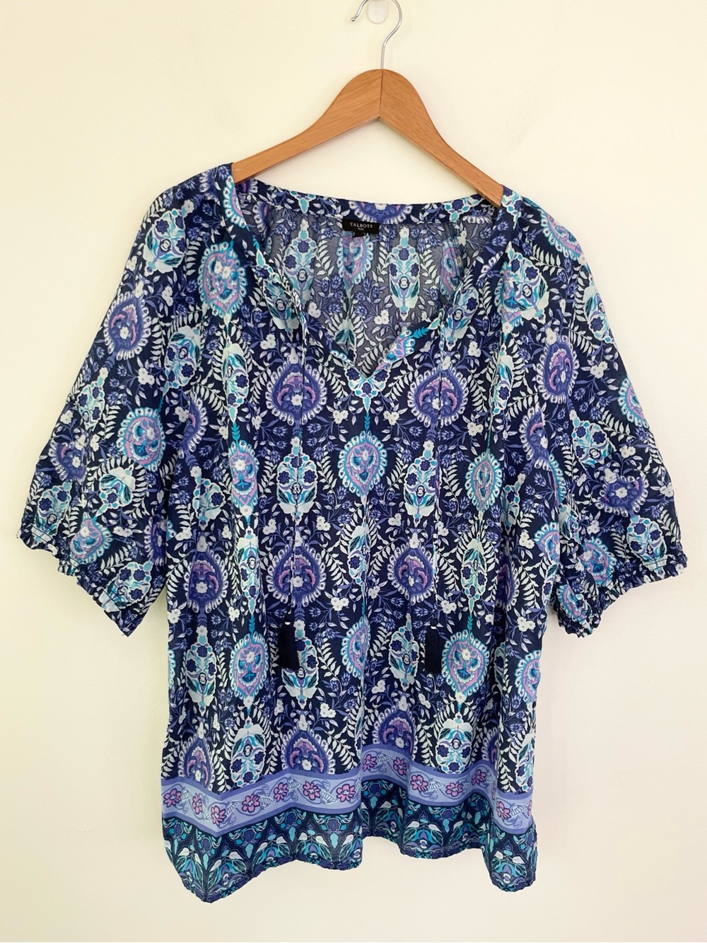 Talbots Blue Pleated Puff Sleeve Blouse Floret Medallion Lightweight Top sz 1X